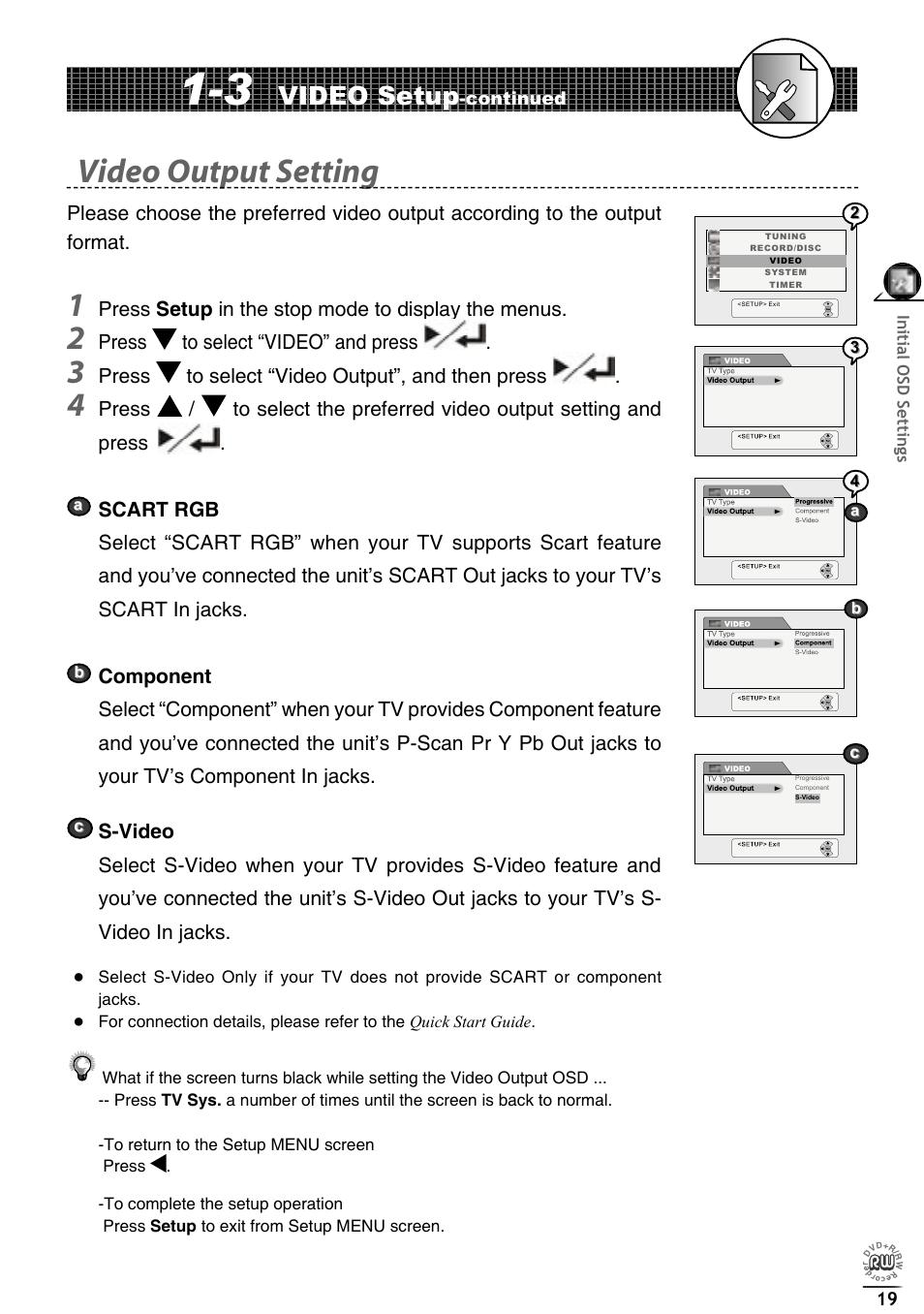Video output setting, Video setup | Matsui America DVDR100 User Manual | Page 23 / 60
