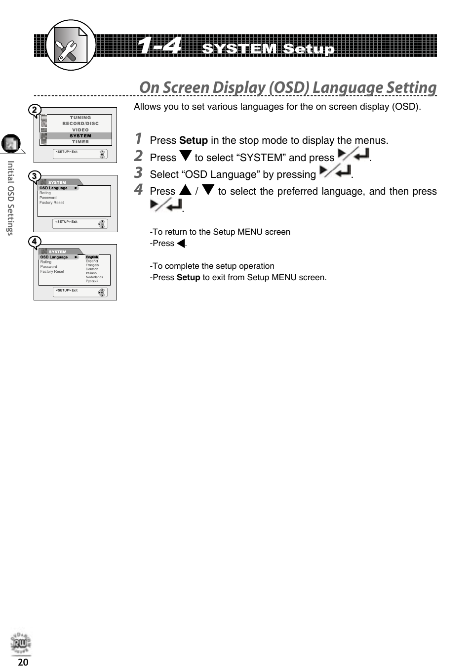 On screen display (osd) language setting, System setup | Matsui America DVDR100 User Manual | Page 24 / 60