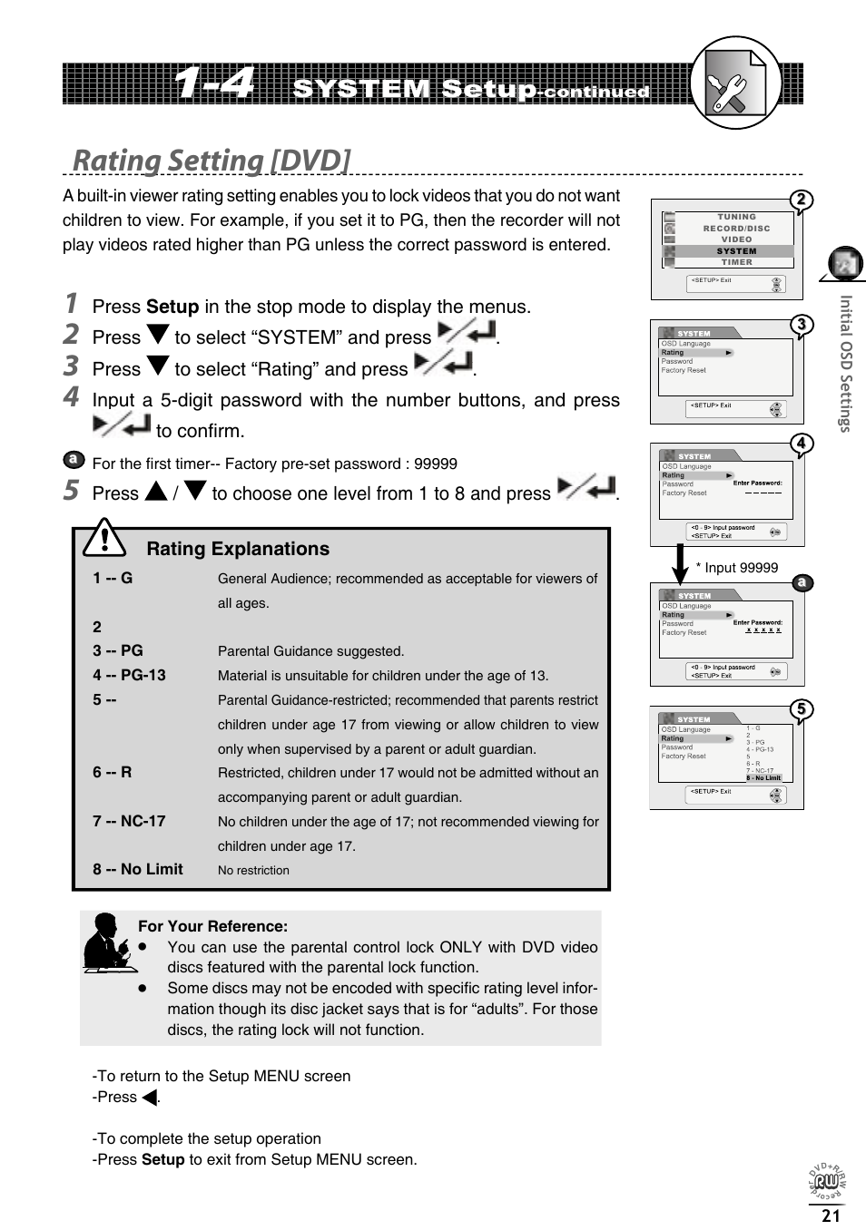 Rating setting [dvd, System setup | Matsui America DVDR100 User Manual | Page 25 / 60