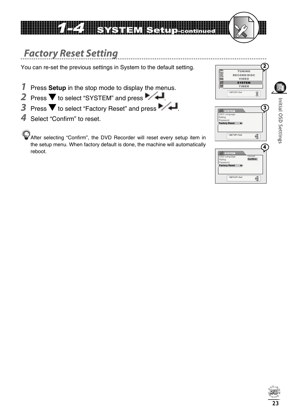 Factory reset setting, System setup | Matsui America DVDR100 User Manual | Page 27 / 60