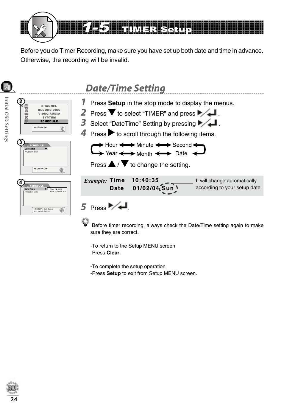 Date/time setting, Timer setup | Matsui America DVDR100 User Manual | Page 28 / 60