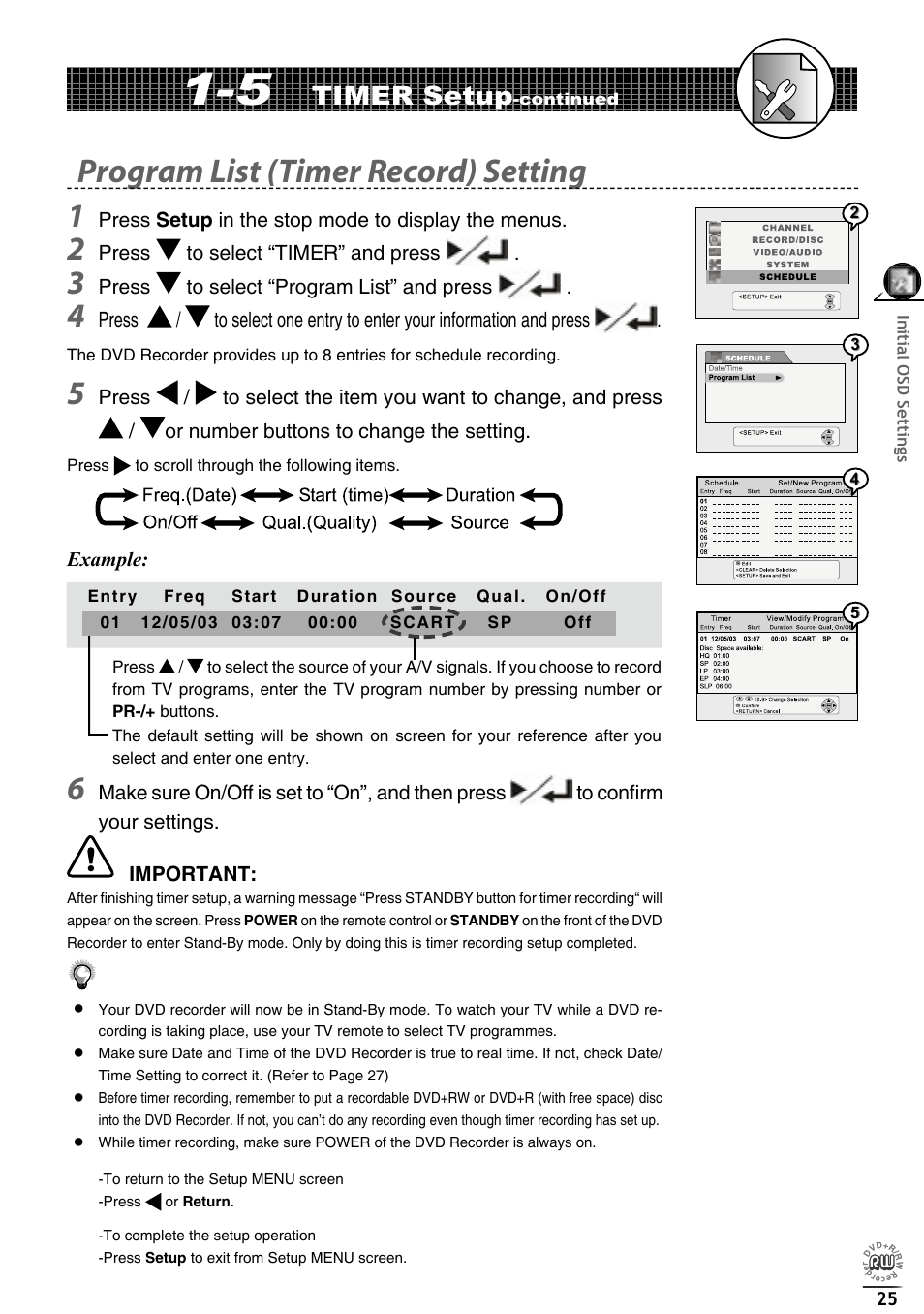 Program list (timer record) setting 1, Timer setup | Matsui America DVDR100 User Manual | Page 29 / 60