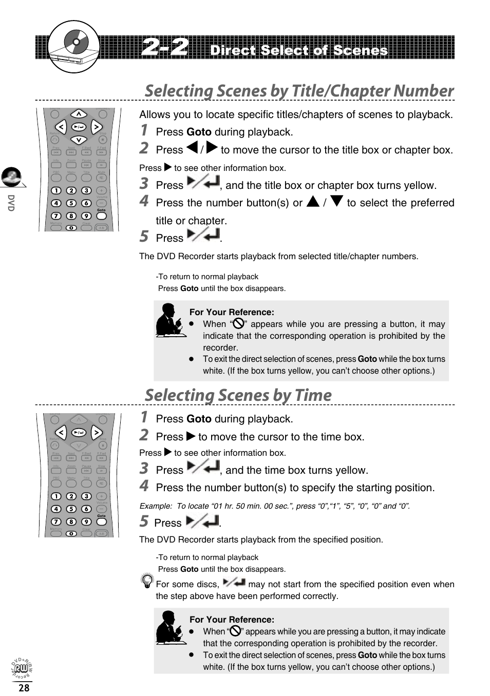 Selecting scenes by title/chapter number, Selecting scenes by time 1, Direct select of scenes | Matsui America DVDR100 User Manual | Page 32 / 60