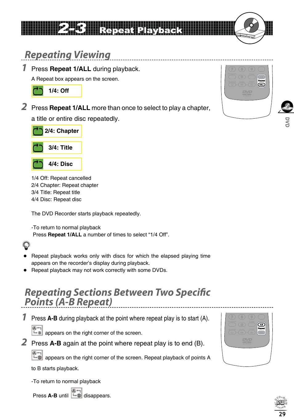 Repeating viewing 1, Repeat playback | Matsui America DVDR100 User Manual | Page 33 / 60