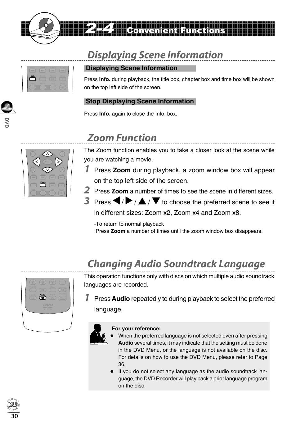 Changing audio soundtrack language, Zoom function, Displaying scene information | Convenient functions | Matsui America DVDR100 User Manual | Page 34 / 60