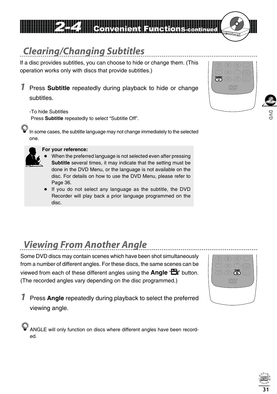 Clearing/changing subtitles, Viewing from another angle, Convenient functions | Matsui America DVDR100 User Manual | Page 35 / 60