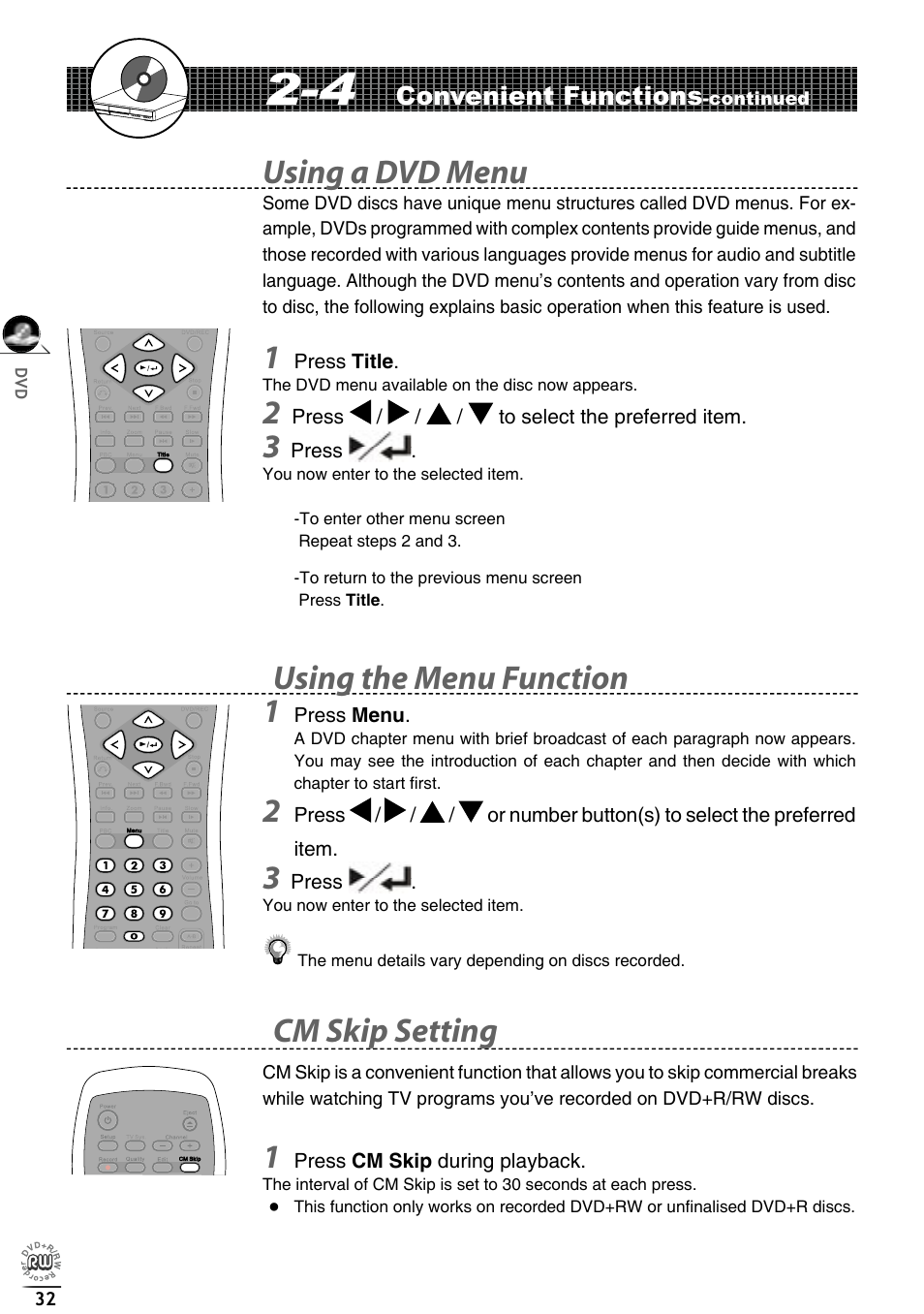 Using a dvd menu, Using the menu function 1, Cm skip setting | Matsui America DVDR100 User Manual | Page 36 / 60