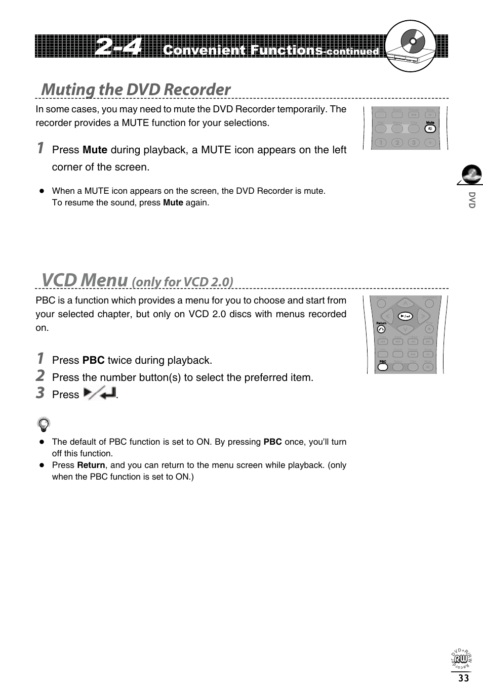 Vcd menu, Muting the dvd recorder | Matsui America DVDR100 User Manual | Page 37 / 60