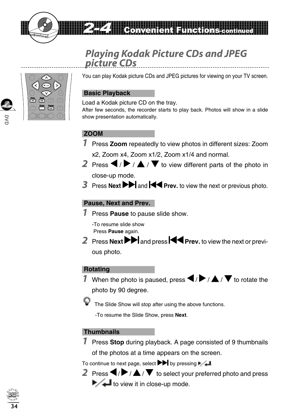 Playing kodak picture cds and jpeg picture cds, Convenient functions | Matsui America DVDR100 User Manual | Page 38 / 60