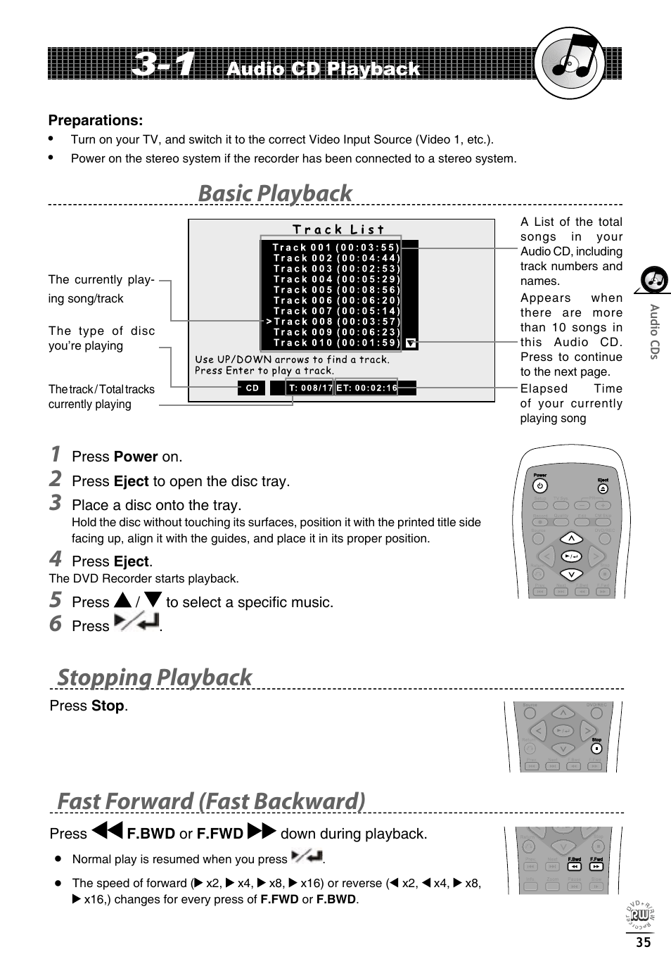 Basic playback 1, Stopping playback fast forward (fast backward), Audio cd playback | Matsui America DVDR100 User Manual | Page 39 / 60