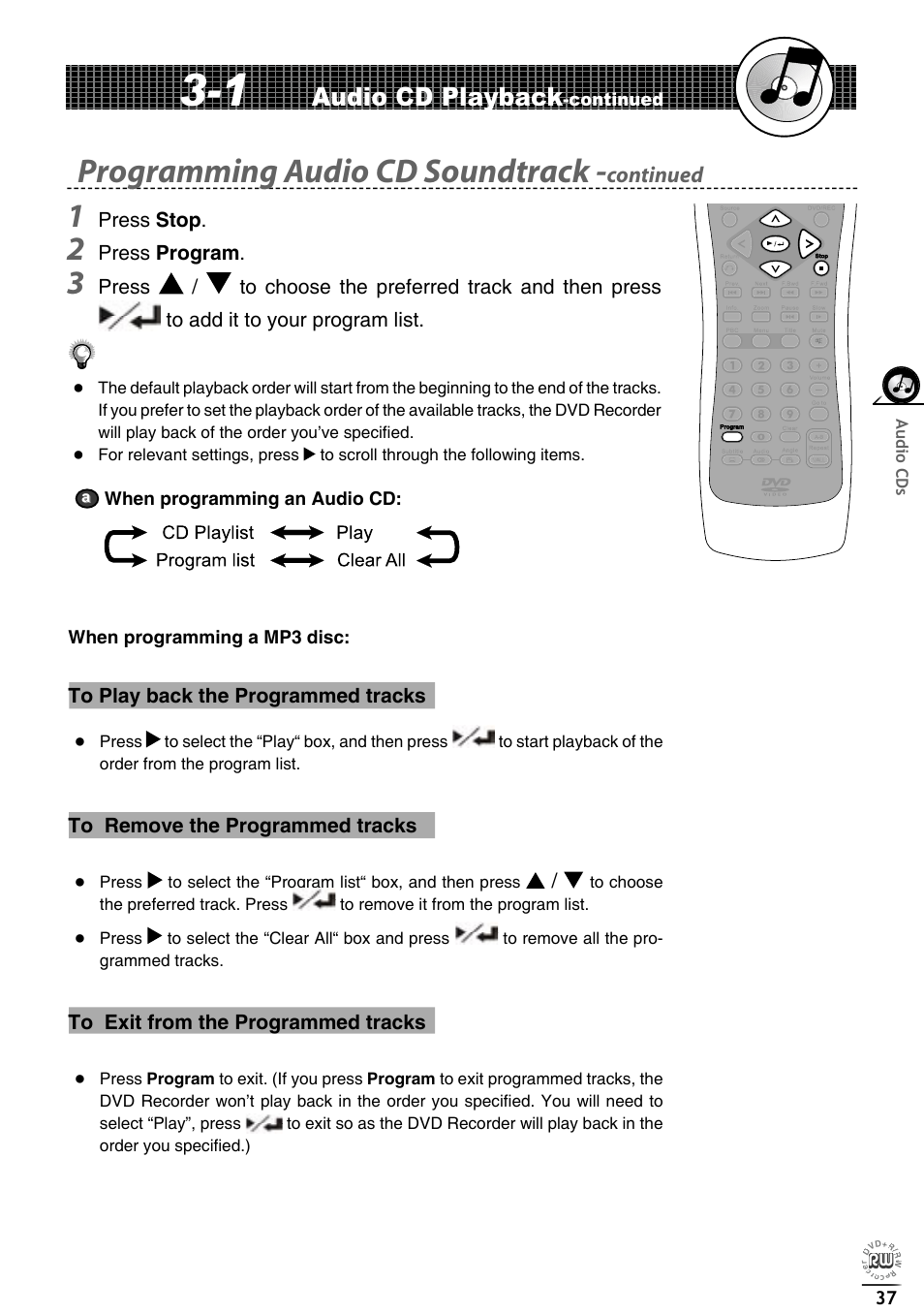 Programming audio cd soundtrack, Audio cd playback, Continued | Matsui America DVDR100 User Manual | Page 41 / 60