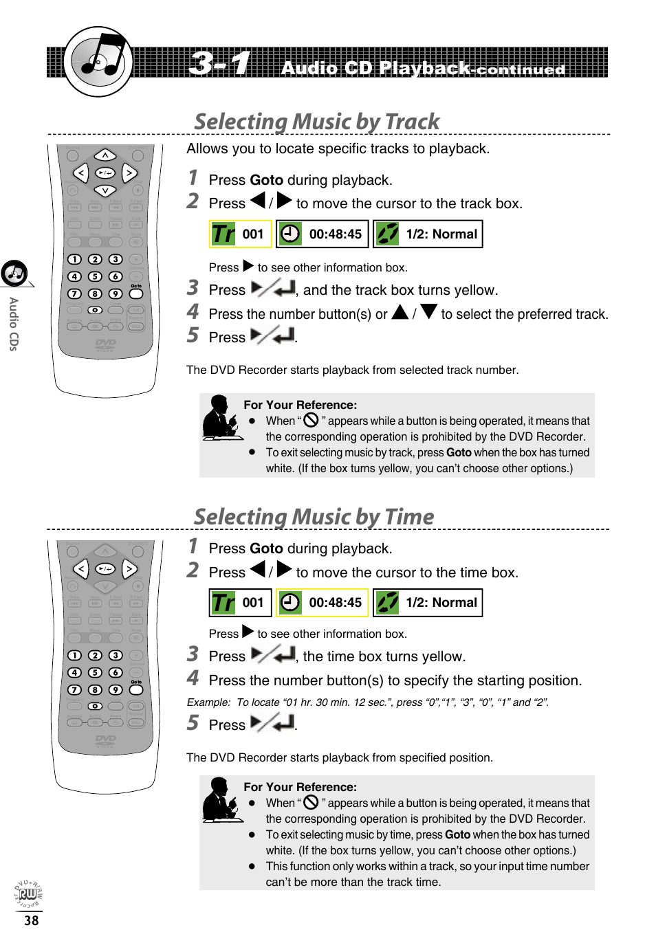 Selecting music by track, Selecting music by time 1, Audio cd playback | Matsui America DVDR100 User Manual | Page 42 / 60