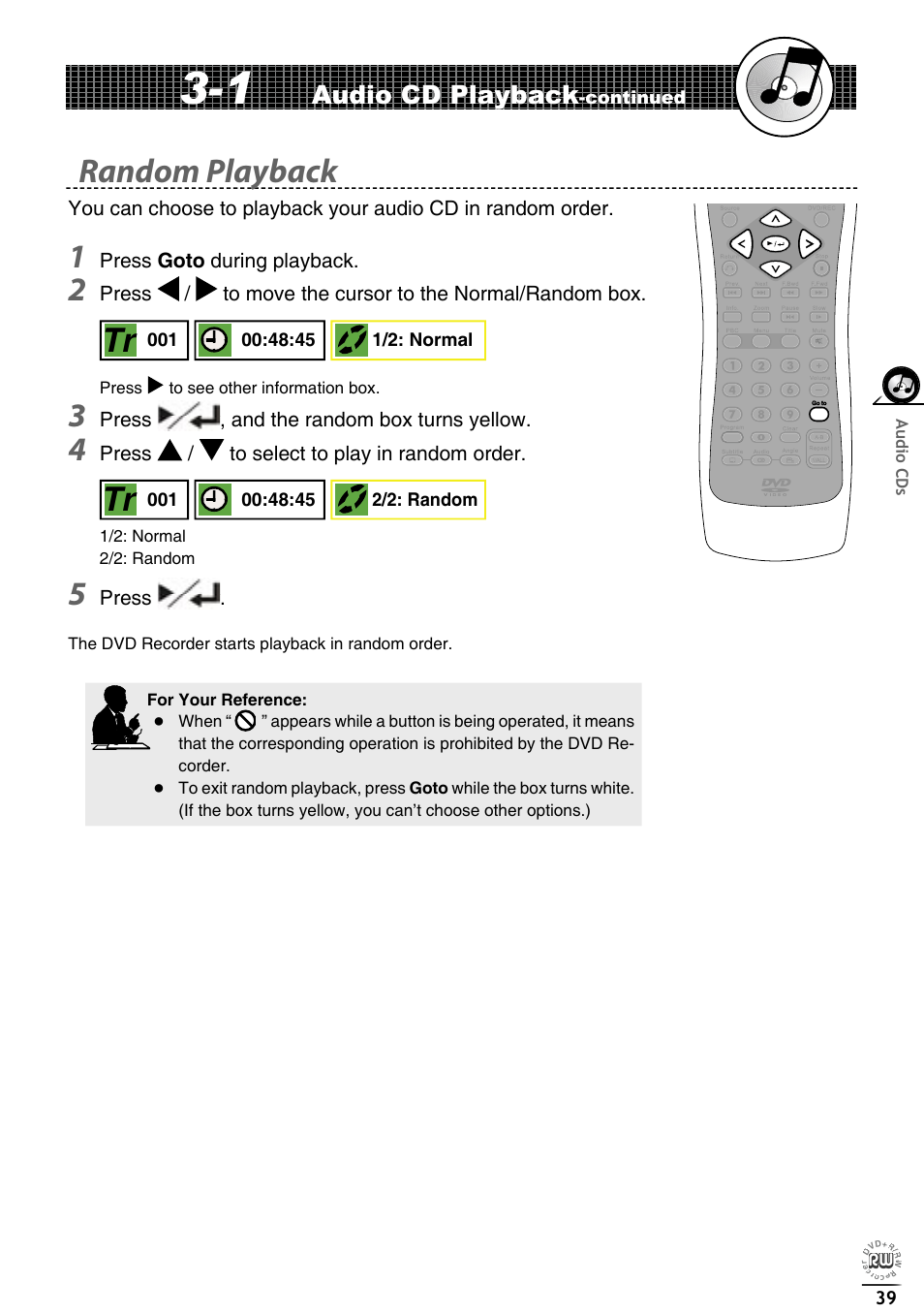 Random playback, Audio cd playback | Matsui America DVDR100 User Manual | Page 43 / 60