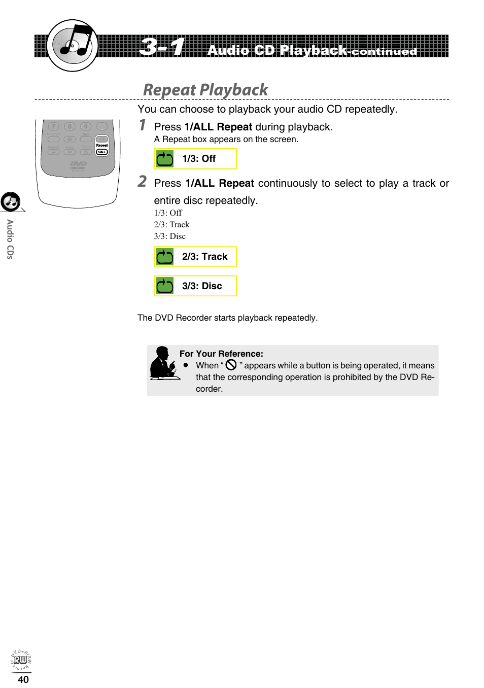 Repeat playback, Audio cd playback, Press 1/all repeat during playback | Matsui America DVDR100 User Manual | Page 44 / 60
