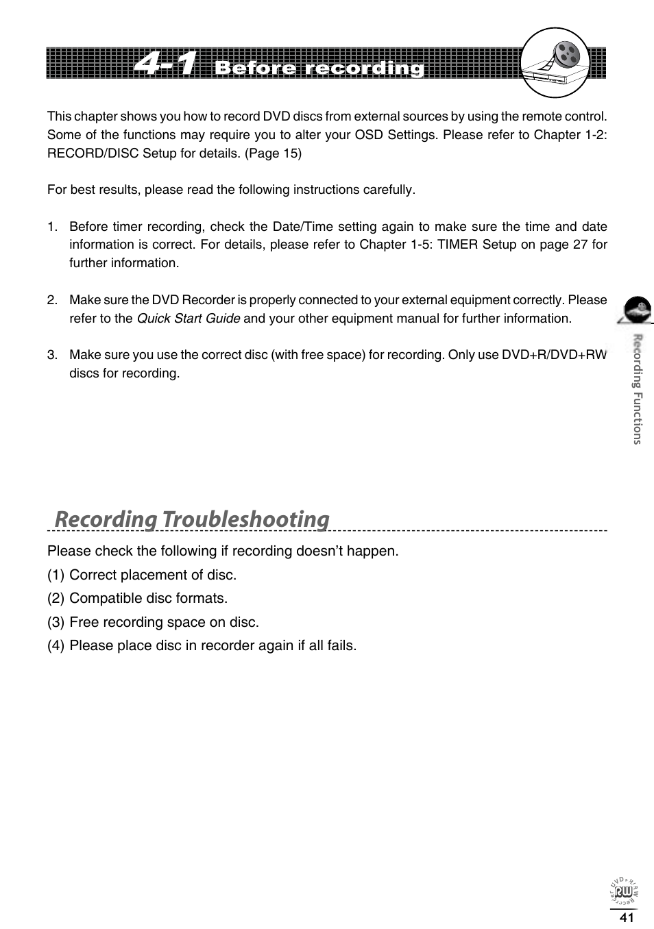 Recording troubleshooting, Before recording | Matsui America DVDR100 User Manual | Page 45 / 60