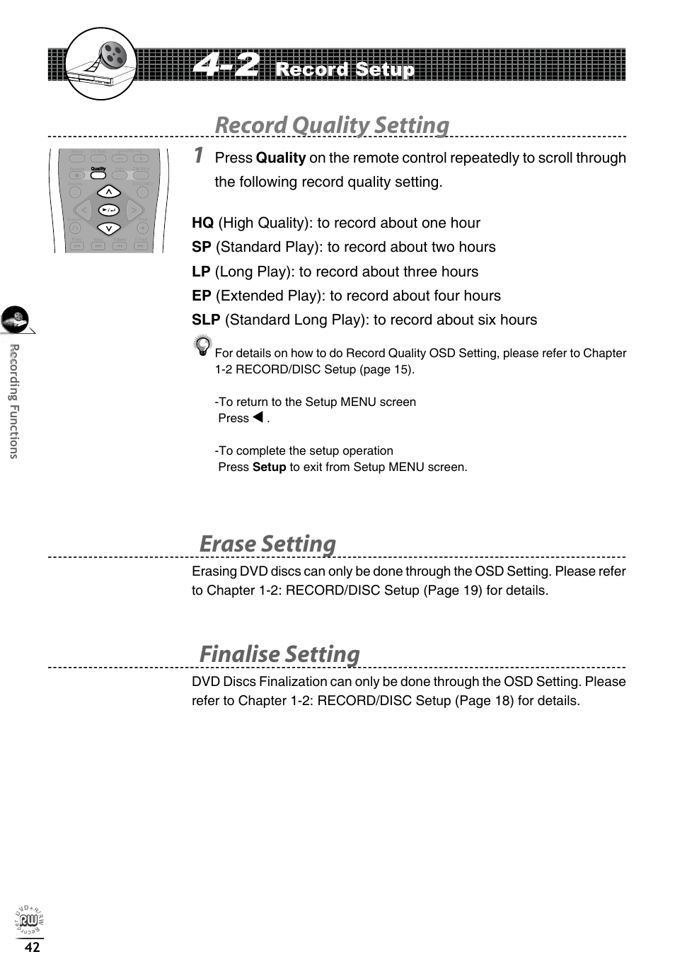 Finalise setting, Erase setting, Record quality setting 1 | Record setup | Matsui America DVDR100 User Manual | Page 46 / 60