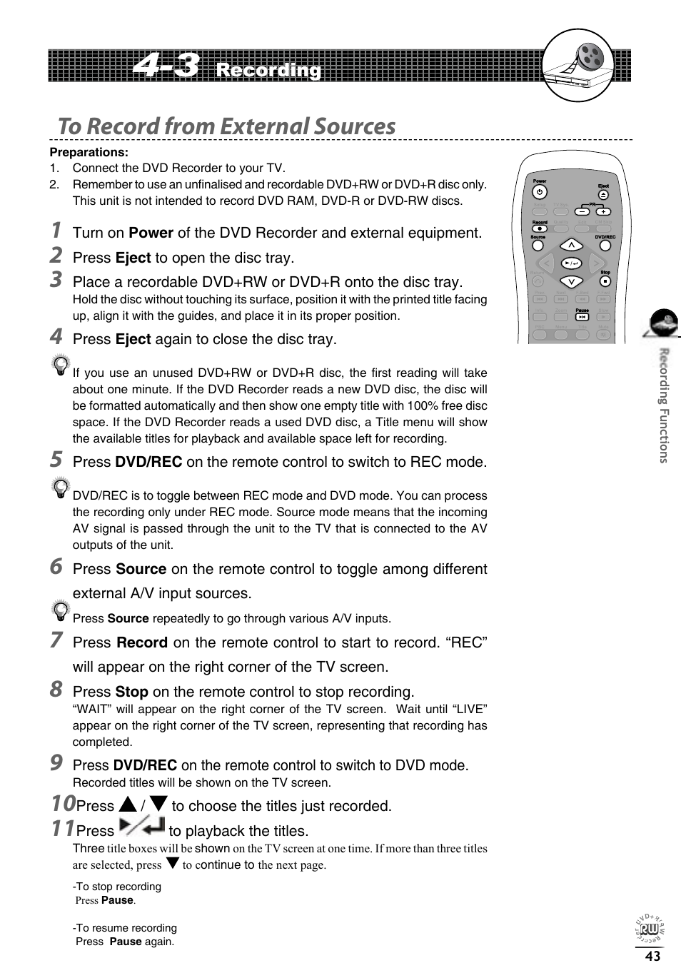 Recording | Matsui America DVDR100 User Manual | Page 47 / 60