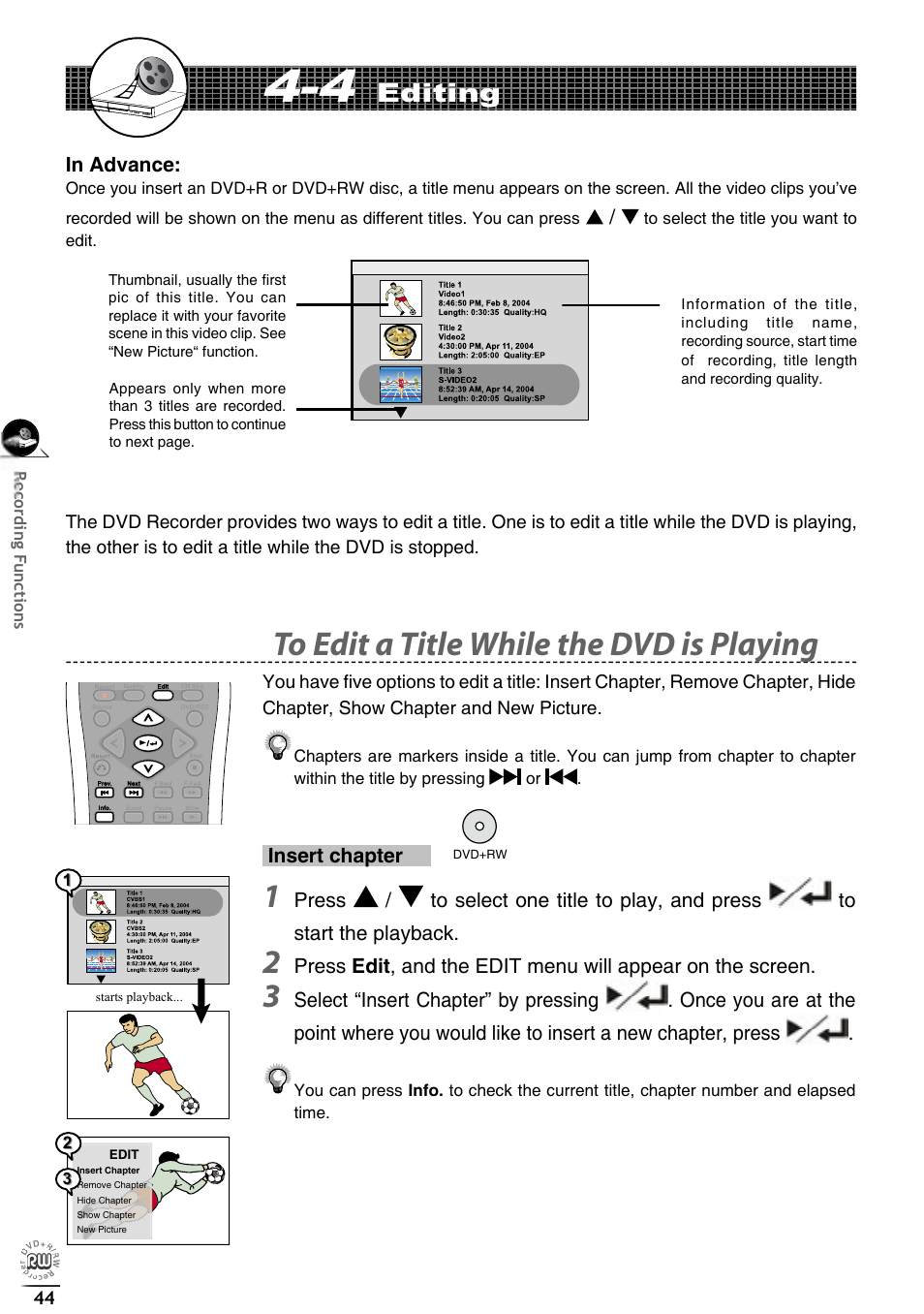 Editing, Insert chapter | Matsui America DVDR100 User Manual | Page 48 / 60