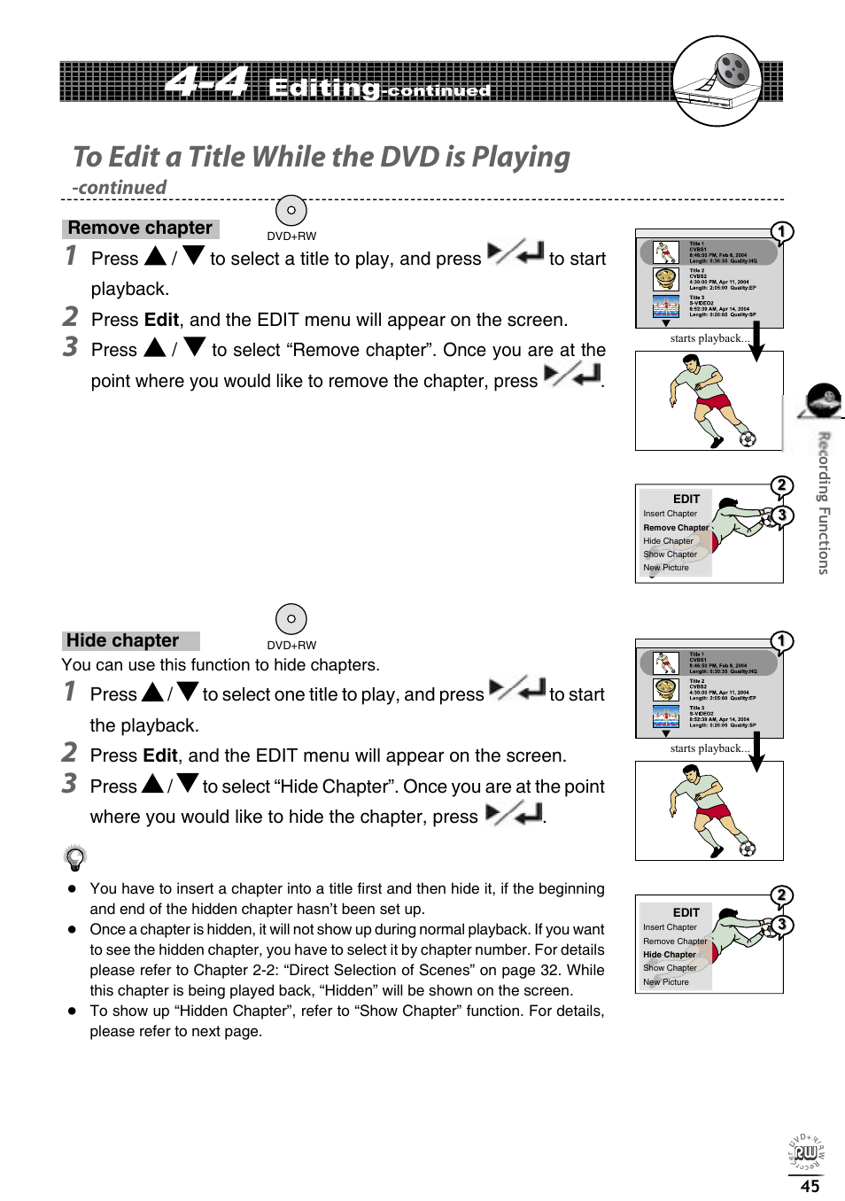 Editing, Continued | Matsui America DVDR100 User Manual | Page 49 / 60