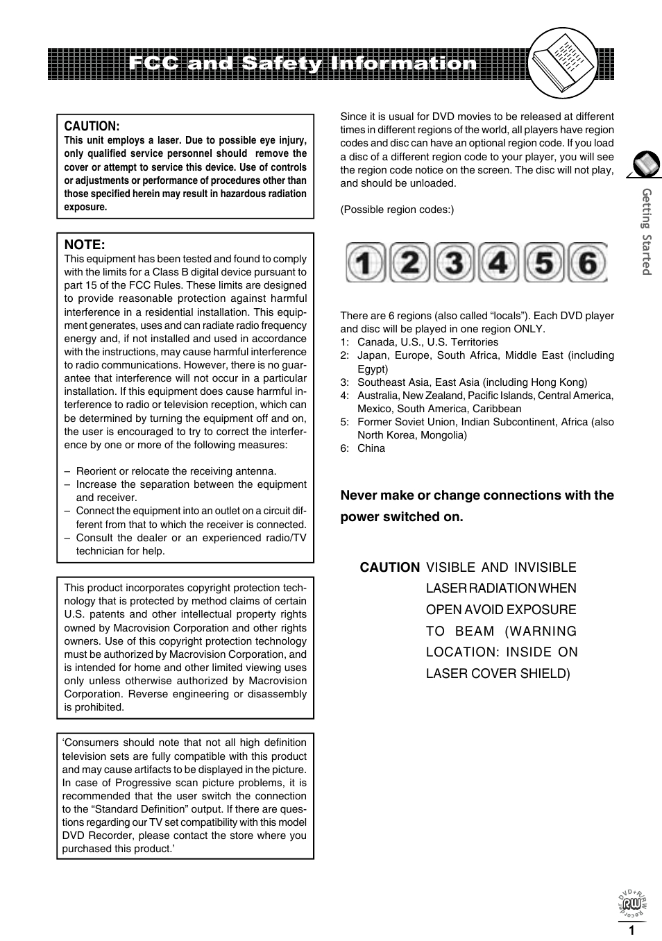 Fcc and safety information | Matsui America DVDR100 User Manual | Page 5 / 60