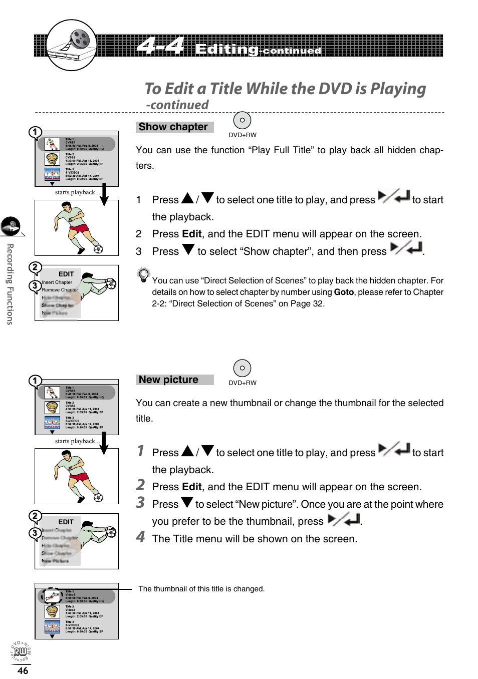 Editing, Continued, New picture | The title menu will be shown on the screen, Show chapter | Matsui America DVDR100 User Manual | Page 50 / 60
