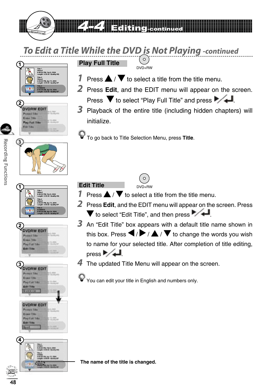 Continued, Editing, Play full title | Press / to select a title from the title menu, Edit title, The updated title menu will appear on the screen | Matsui America DVDR100 User Manual | Page 52 / 60