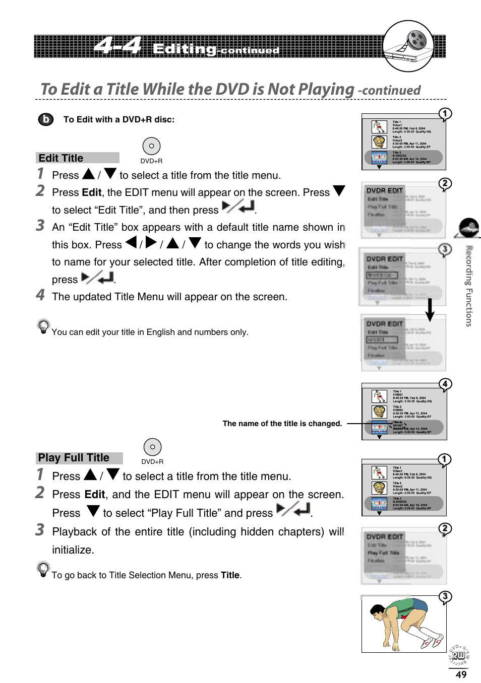 Editing, Continued, Play full title | Press / to select a title from the title menu | Matsui America DVDR100 User Manual | Page 53 / 60