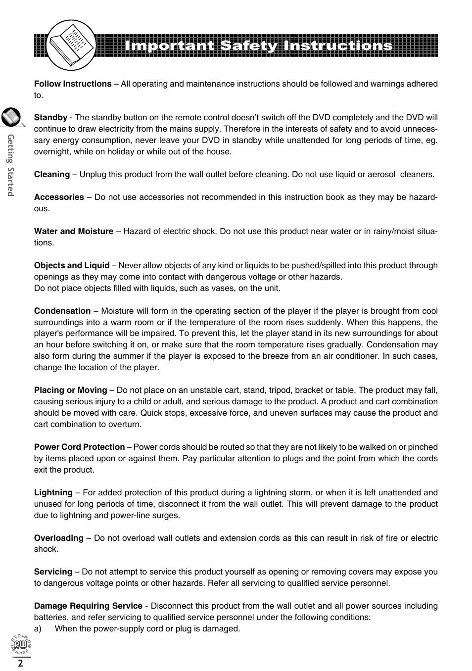 Important safety instructions | Matsui America DVDR100 User Manual | Page 6 / 60
