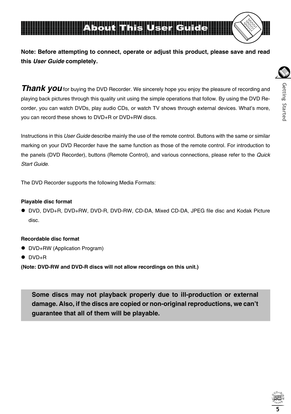 About this user guide | Matsui America DVDR100 User Manual | Page 9 / 60