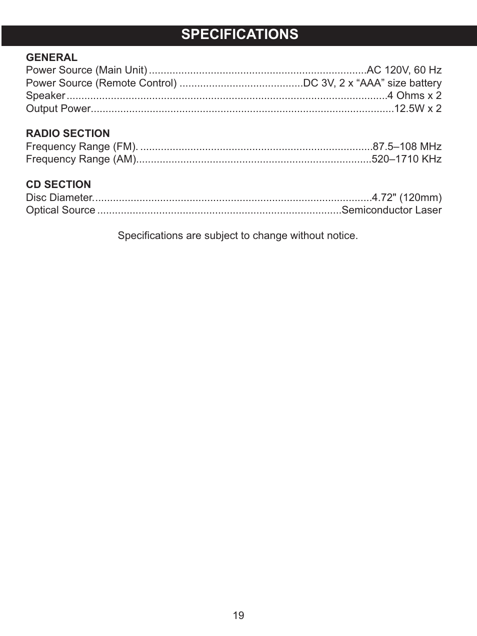 Specifications | Memorex MX4118 User Manual | Page 20 / 21