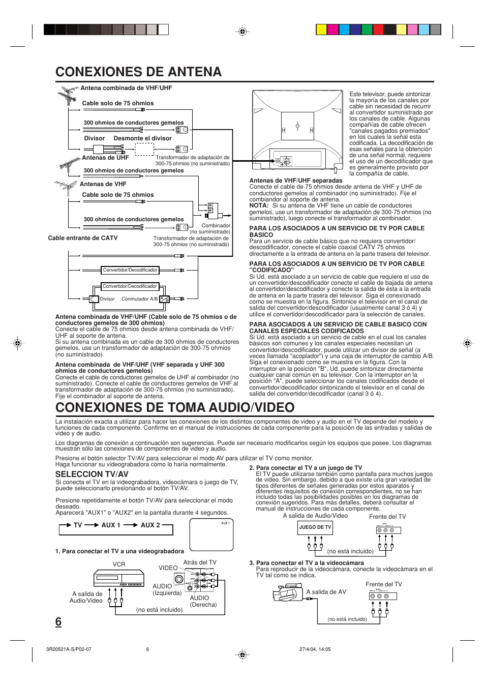 Conexiones de antena, Conexiones de toma audio/video, Seleccion tv/av | Memorex MT2274 User Manual | Page 16 / 24