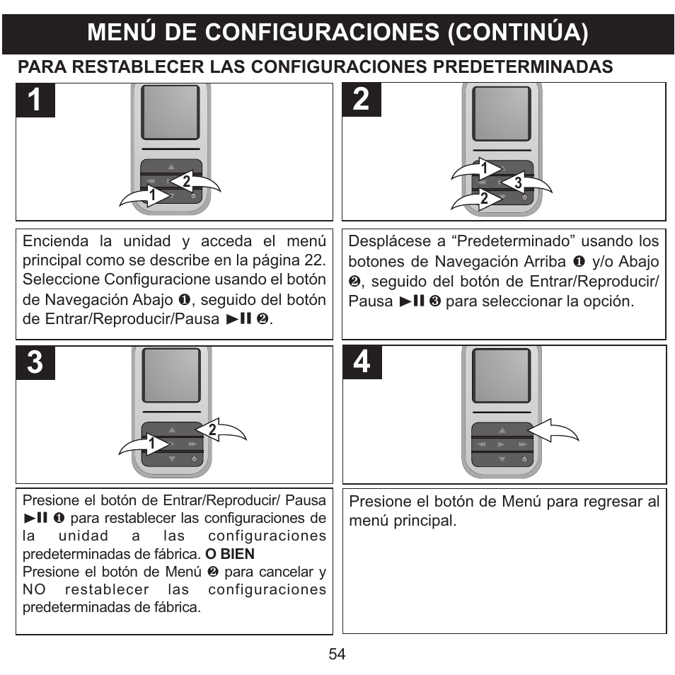 Menú de configuraciones (continúa) | Memorex MMP8590-WHT User Manual | Page 116 / 124