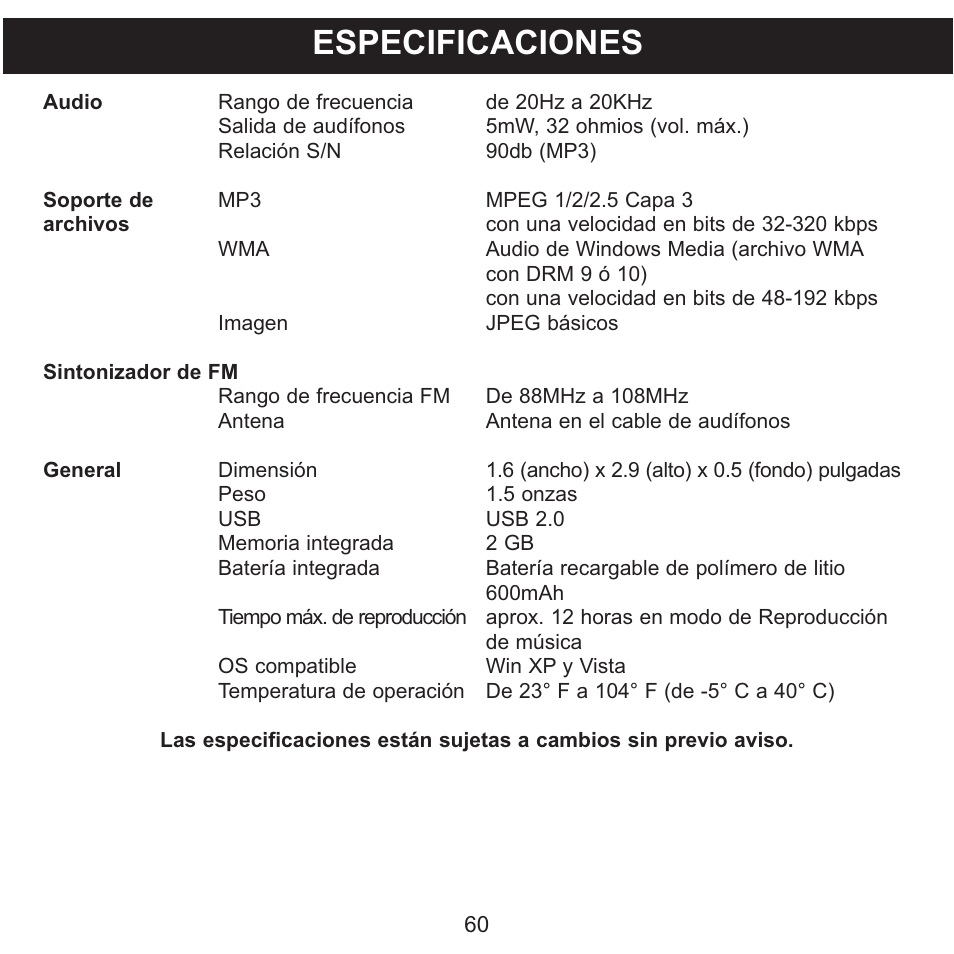 Especificaciones | Memorex MMP8590-WHT User Manual | Page 122 / 124