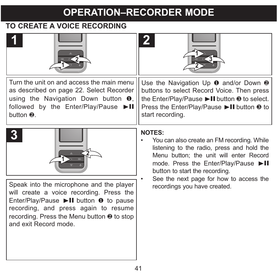 Operation–recorder mode | Memorex MMP8590-WHT User Manual | Page 42 / 124