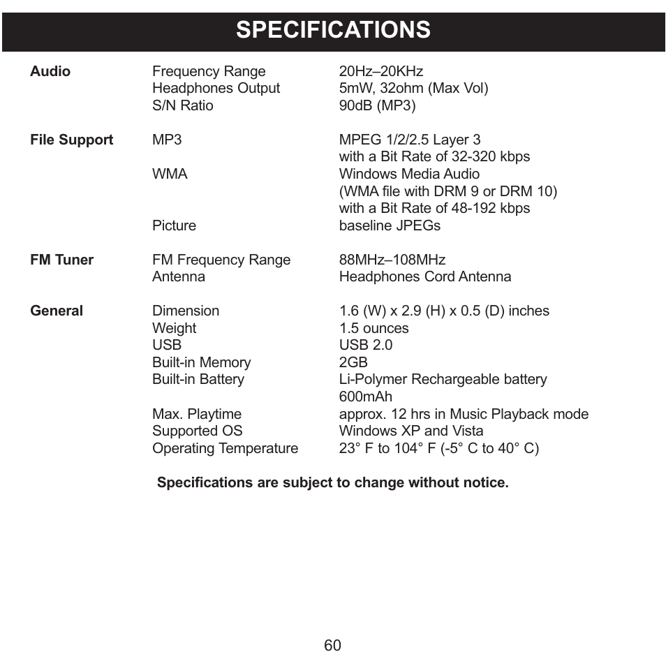 Specifications | Memorex MMP8590-WHT User Manual | Page 61 / 124