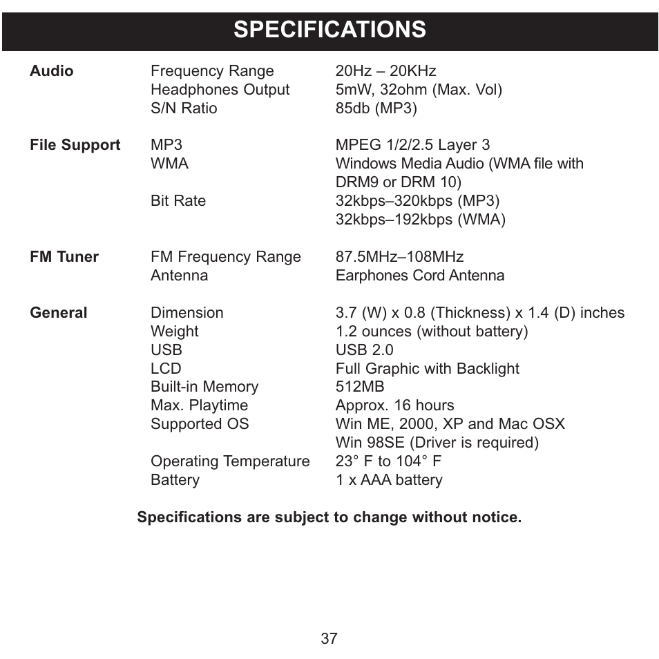 Specifications | Memorex MMP3774 User Manual | Page 38 / 40