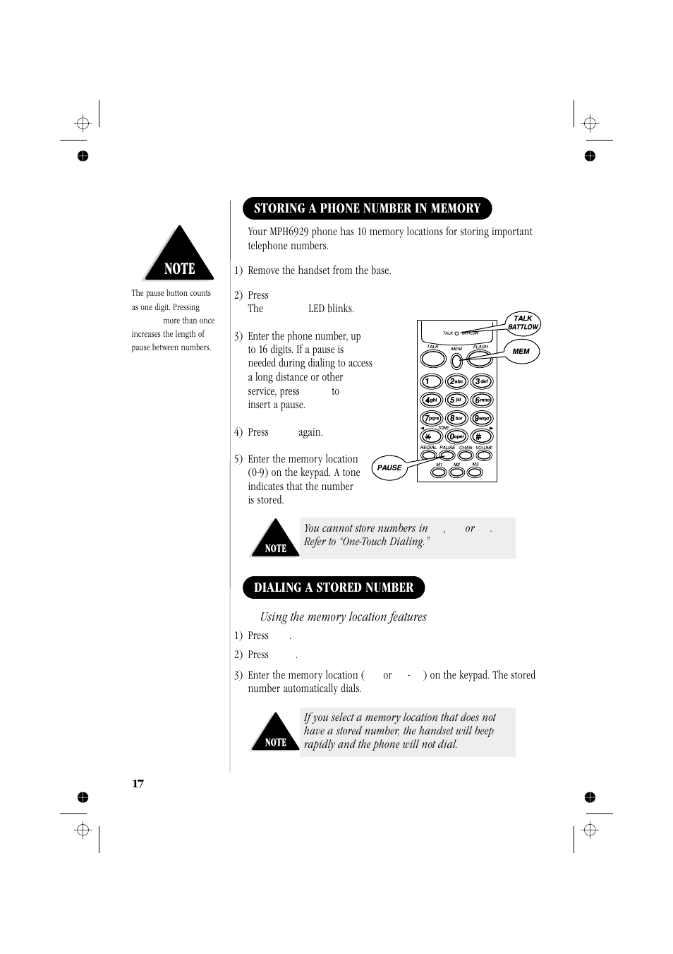 Dialing a stored number | Memorex MPH6929 User Manual | Page 22 / 42