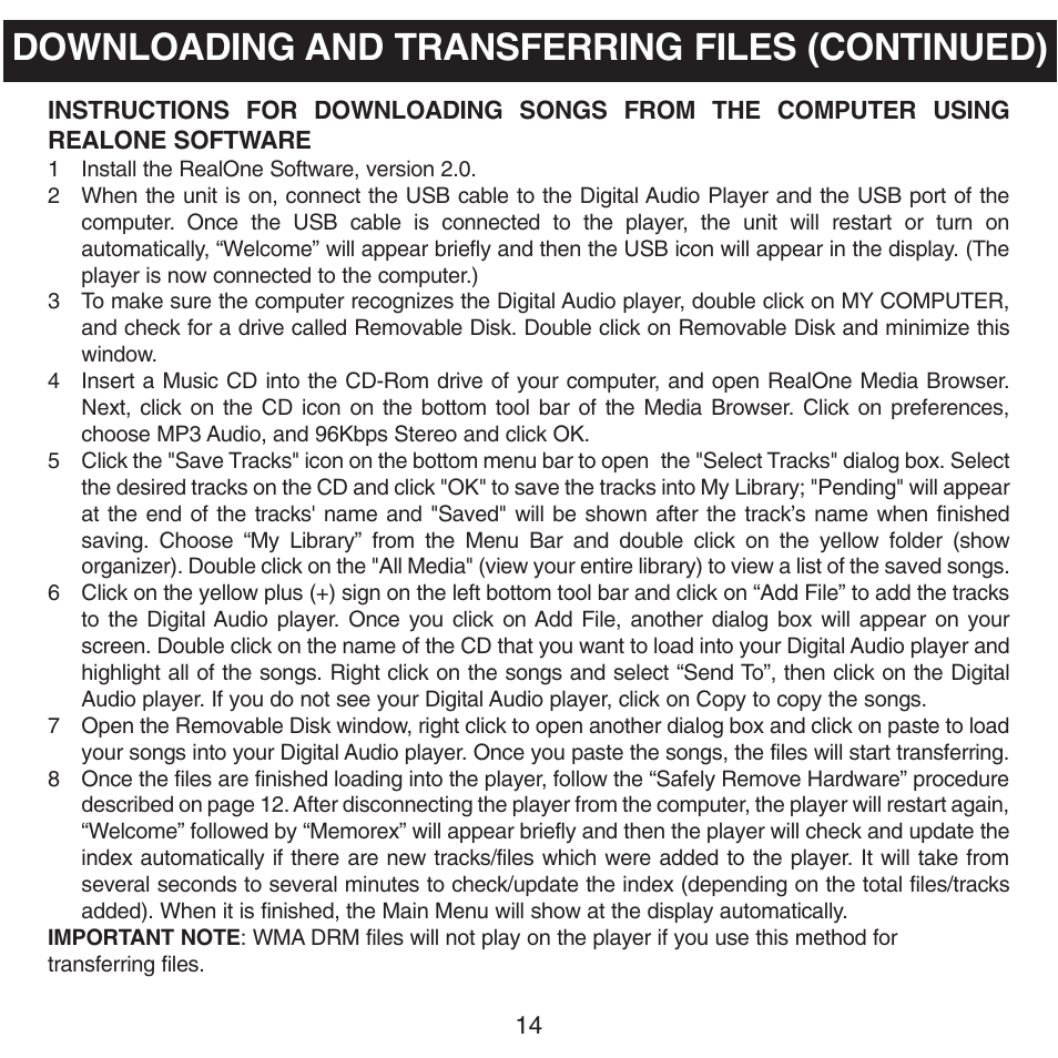Downloading and transferring files (continued) | Memorex MHD8015 User Manual | Page 15 / 41