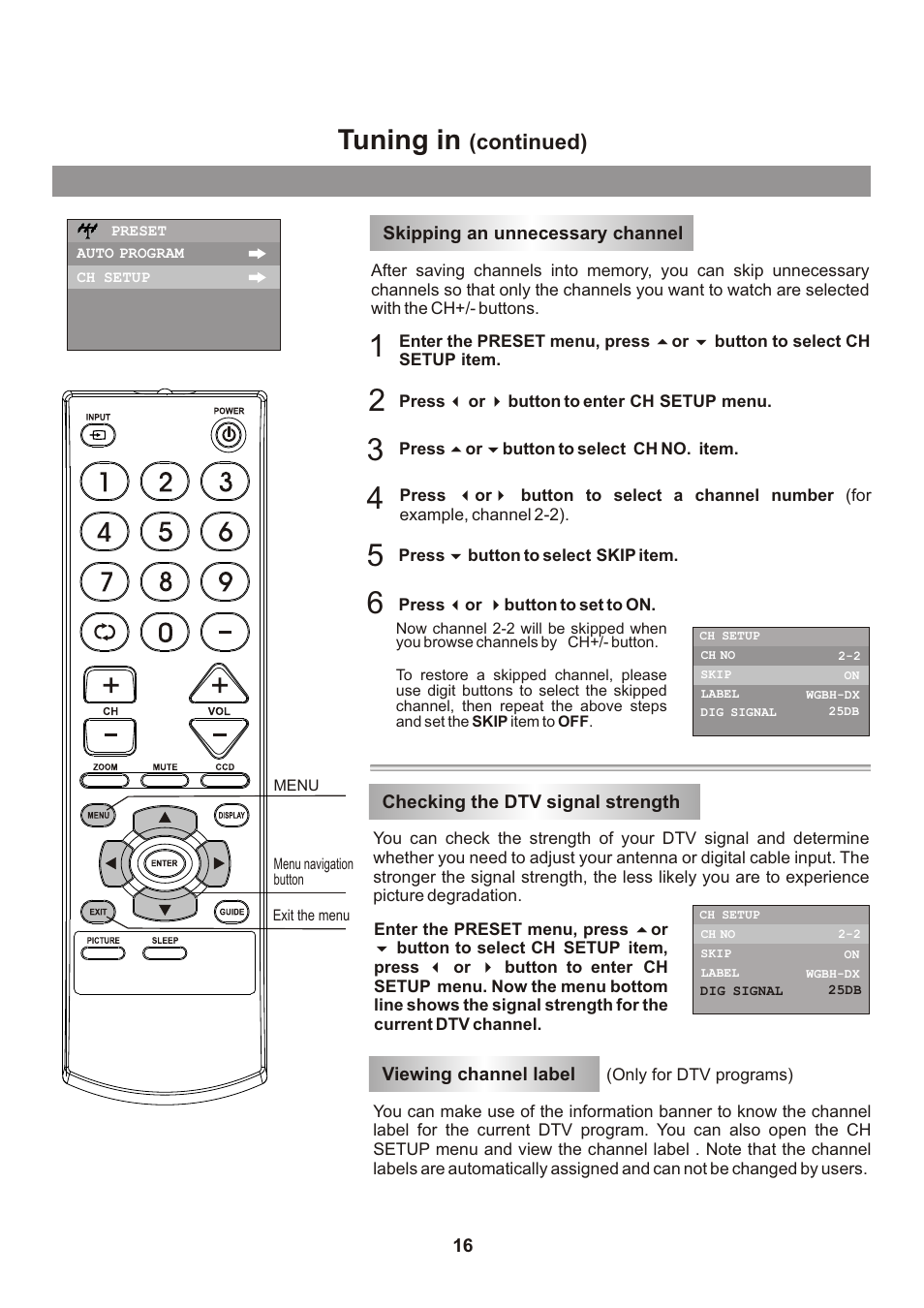 页面 18, Tuning in, Continued) | Memorex mt2026D User Manual | Page 18 / 71