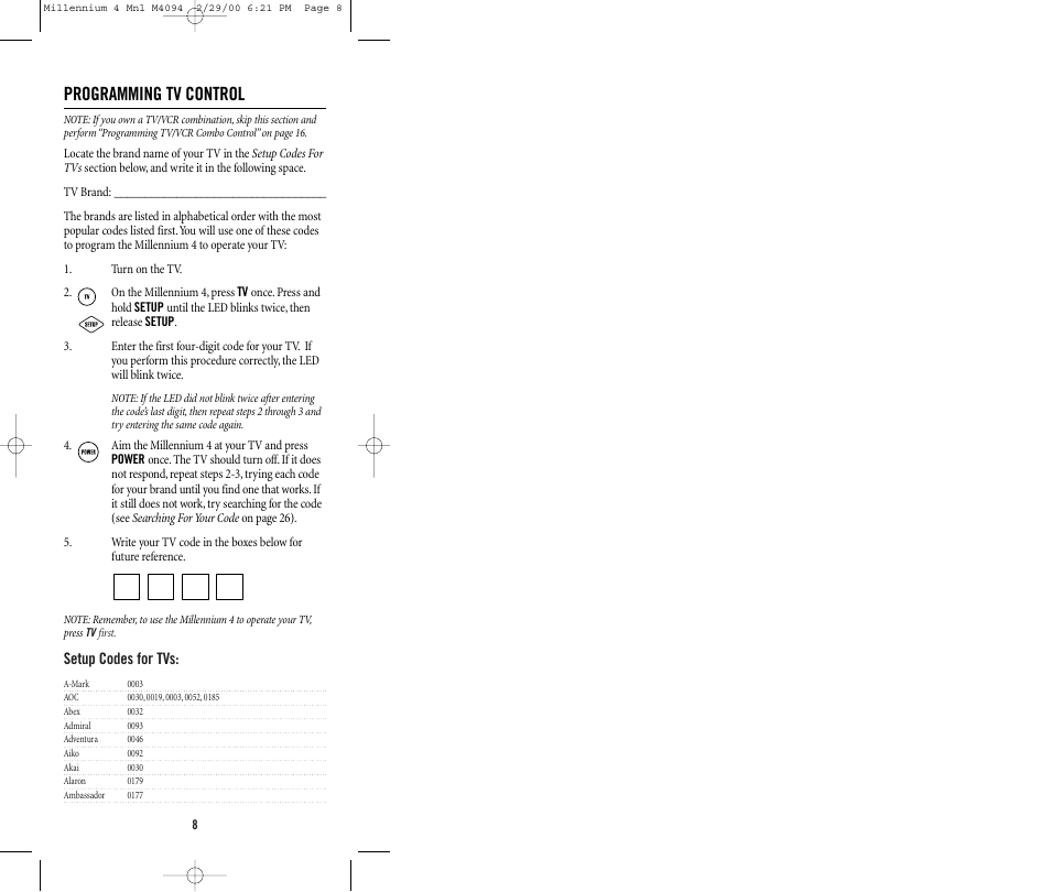 Programming tv control, Setup codes for tvs | Memorex MILLENNIUM 4 User Manual | Page 8 / 36