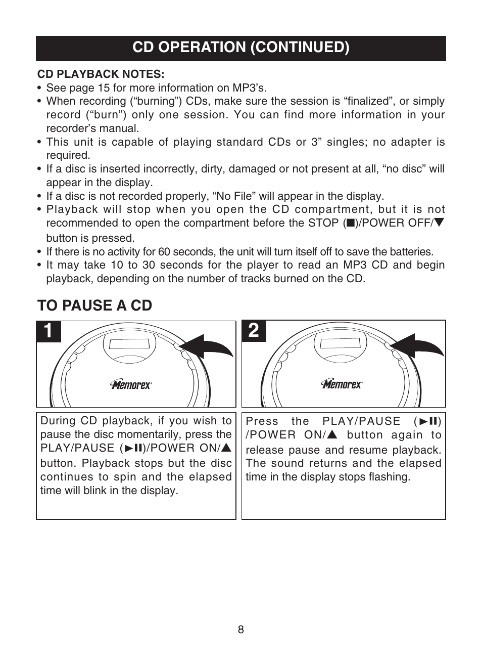 Cd operation (continued) | Memorex MPD8819 User Manual | Page 9 / 23