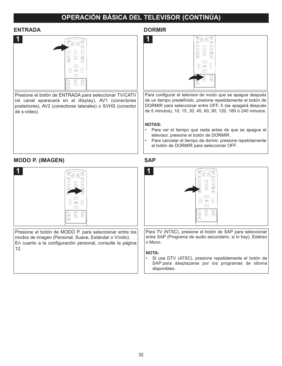 Operación básica del televisor (continúa), Entrada, Dormir | Modo p. (imagen) | Memorex MT2025D User Manual | Page 70 / 76