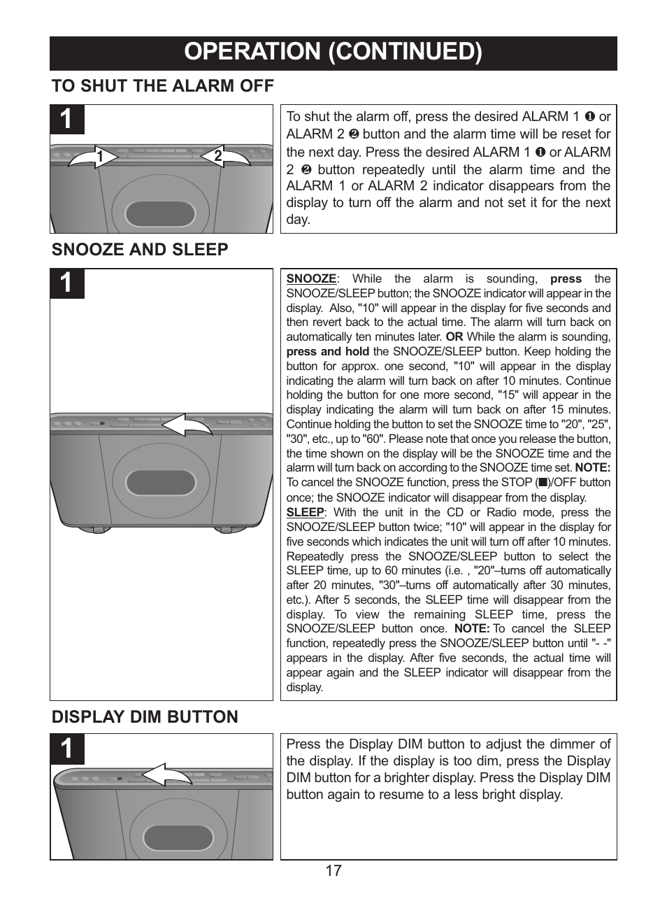 Operation (continued), Snooze and sleep, Display dim button | Memorex MC7101 User Manual | Page 18 / 22