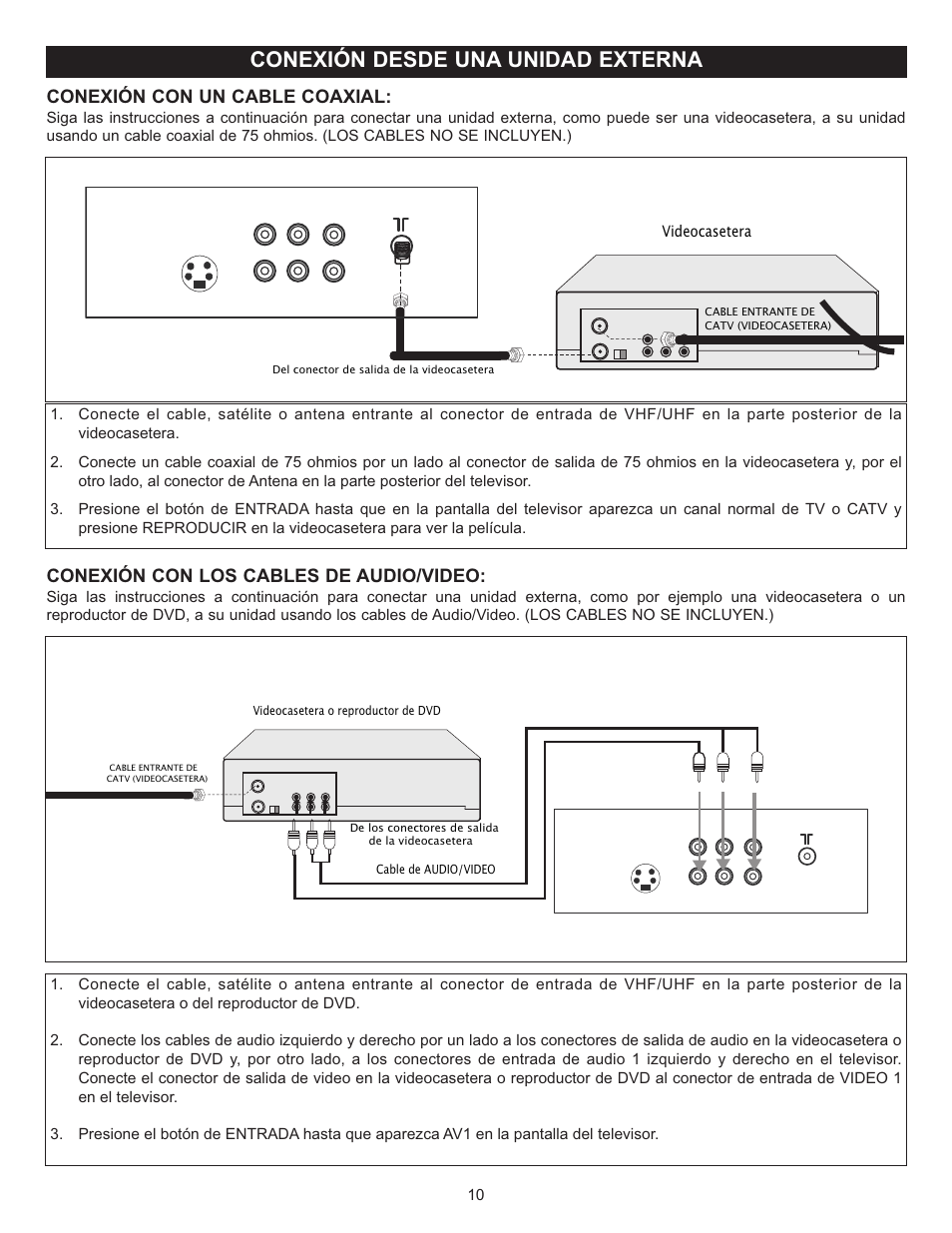 Conexión desde una unidad externa, Conexión con un cable coaxial, Conexión con los cables de audio/video | Memorex MT2028D-BLK User Manual | Page 52 / 82