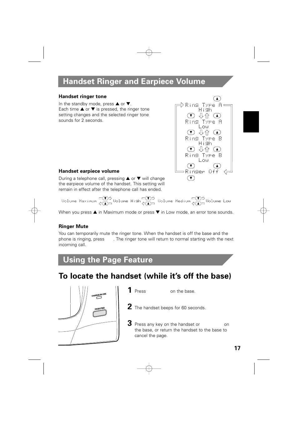 Handset ringer and earpiece volume | Memorex MPH6935 User Manual | Page 17 / 40
