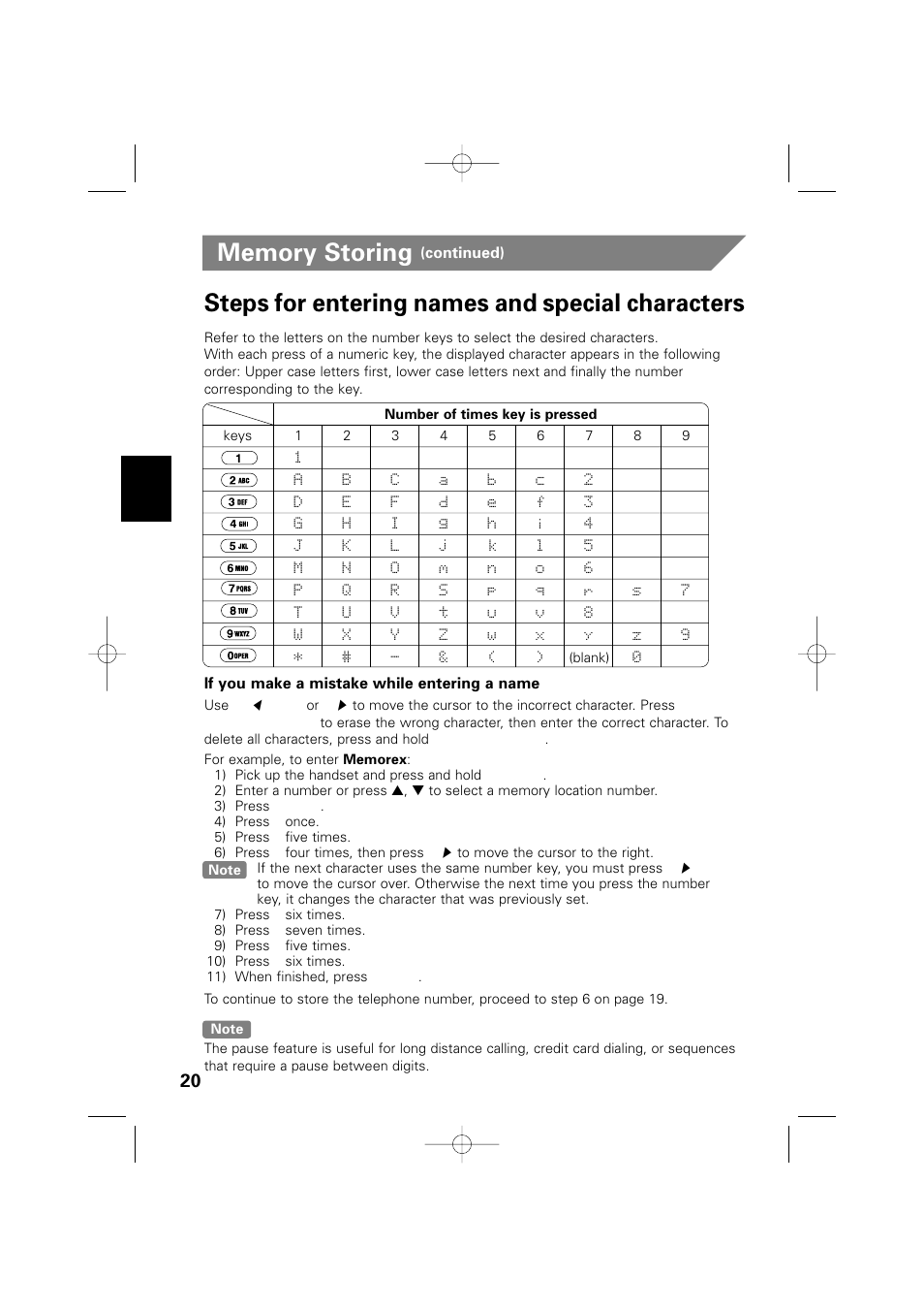Steps for entering names and special characters | Memorex MPH6935 User Manual | Page 20 / 40
