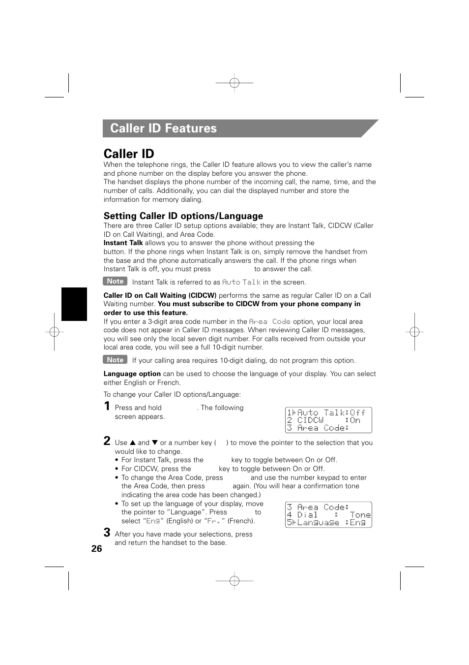 Caller id features caller id, Setting caller id options/language | Memorex MPH6935 User Manual | Page 26 / 40