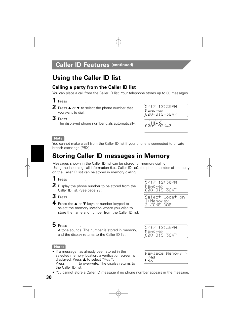Using the caller id list, Caller id features | Memorex MPH6935 User Manual | Page 30 / 40