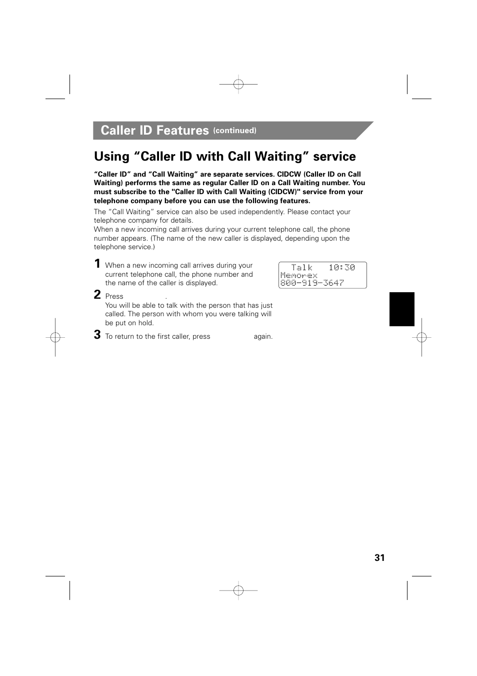 Caller id features, Using “caller id with call waiting” service | Memorex MPH6935 User Manual | Page 31 / 40