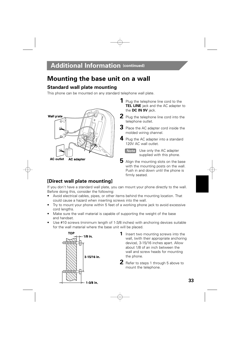 Additional information, Mounting the base unit on a wall | Memorex MPH6935 User Manual | Page 33 / 40